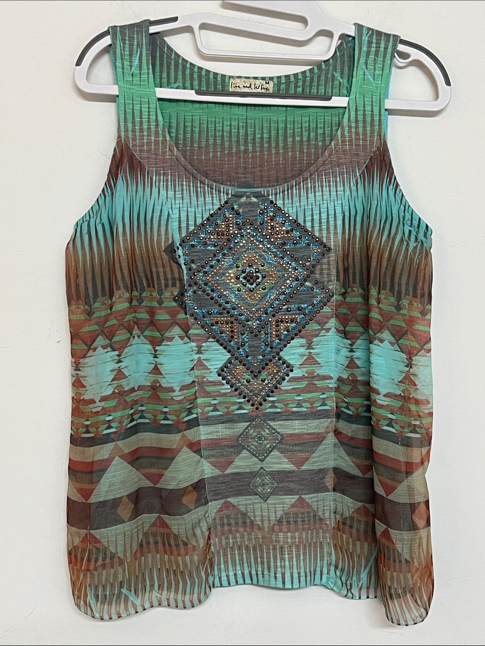 🌞 Live and Let Live Turquoise & Brown Beaded Aztec Tank women M